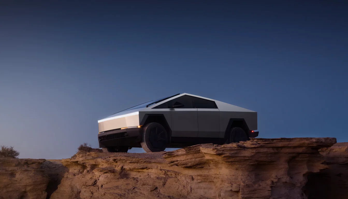 Tesla Cybertruck på en campingplads som kontekst for biltilbehør