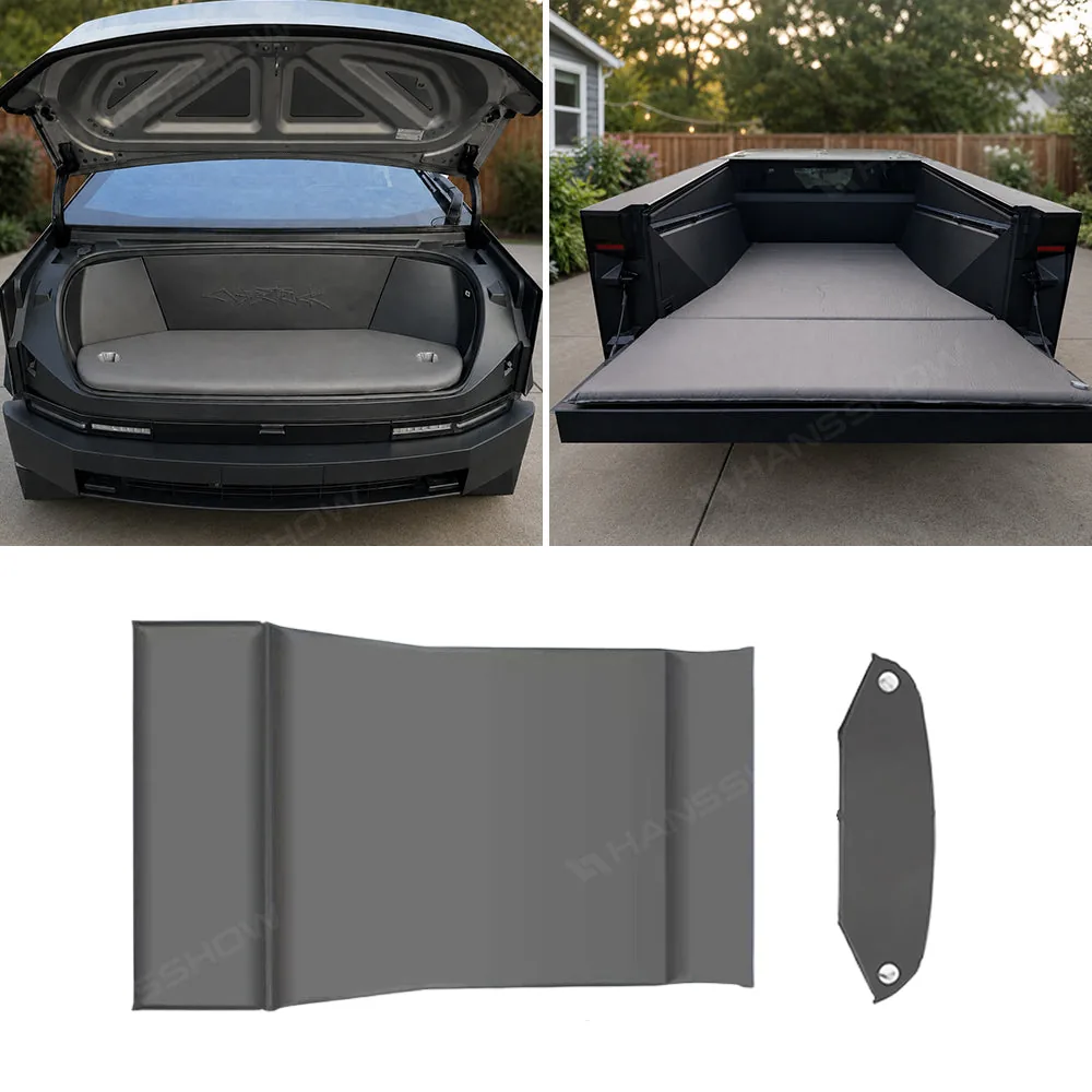 Hansshow overview graphic showing the Cybertruck bed mattress and separate frunk pad