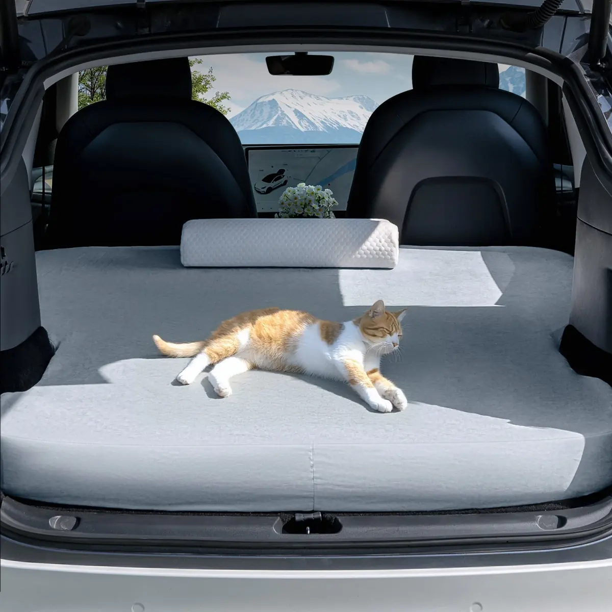Havnby Perfect Fit Bed Sheet covering a mattress in a Tesla cargo area, with a cat lying on the surface