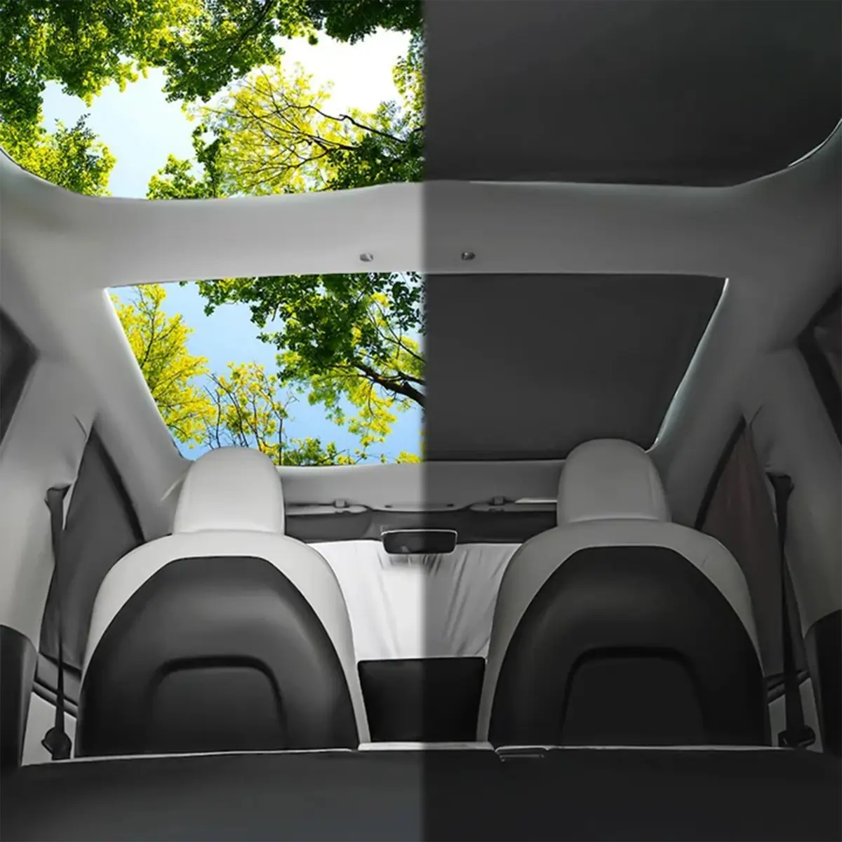 Split marketing image comparing a Tesla panoramic roof and rear window in full daylight against the same interior with Havnby DreamShade shades covering the glass