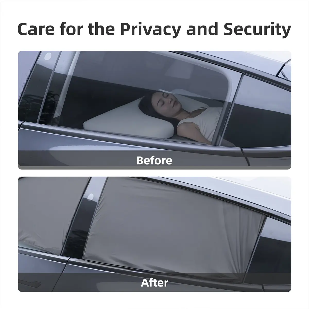 Before and after comparison of a Tesla Model Y rear window without and with a Havnby shade installed