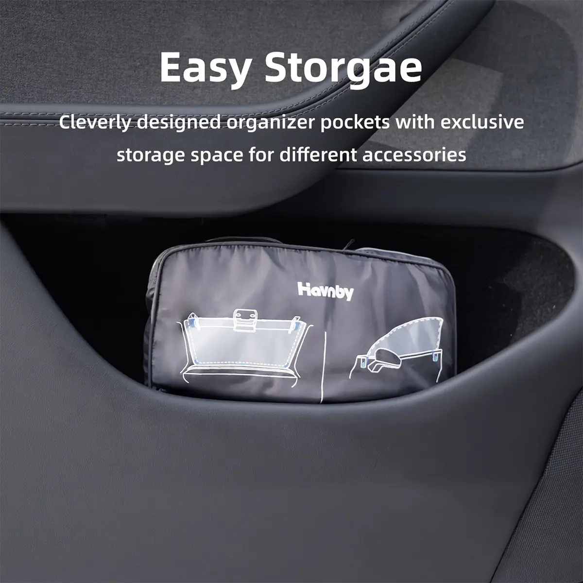 Folded Havnby shade stored in a branded bag inside a Tesla Model Y door pocket