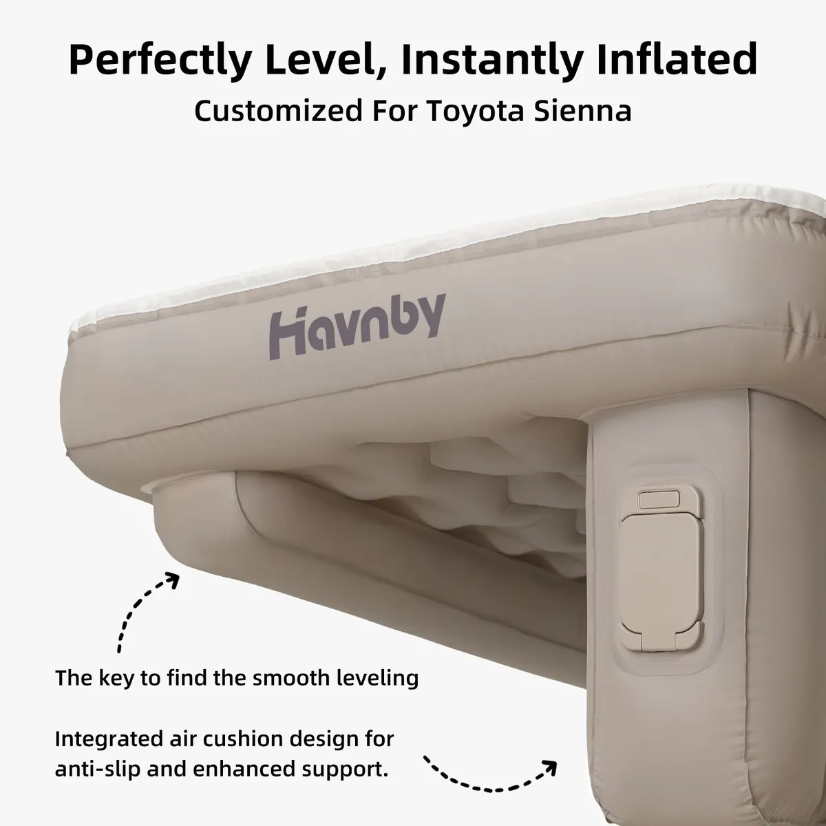 Havnby marketing graphic titled Perfectly Level, Instantly Inflated, Customized For Toyota Sienna
