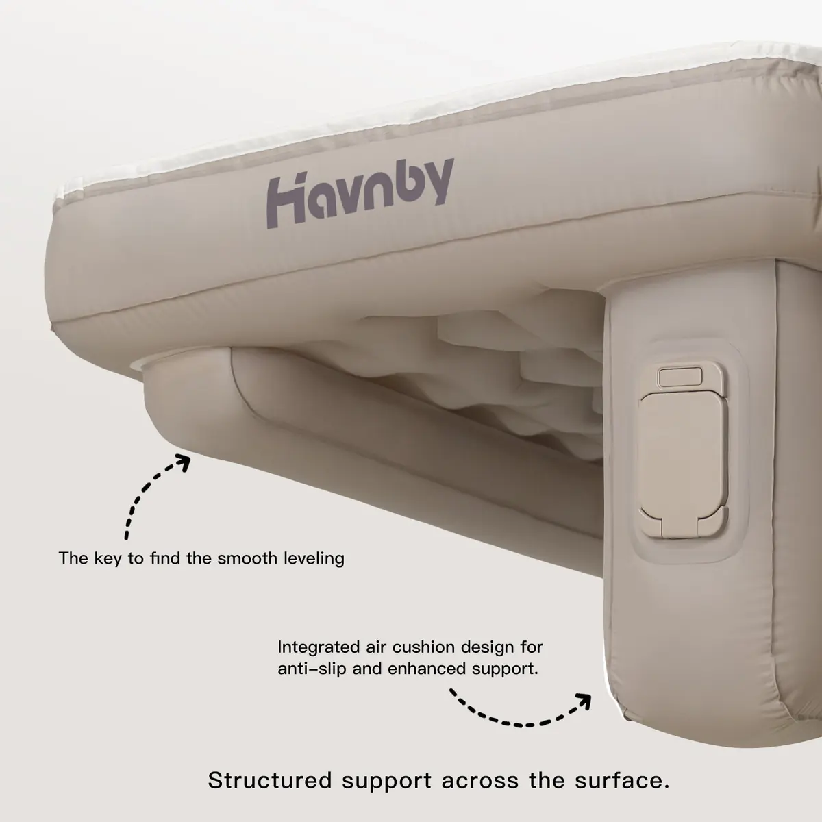 Annotated view of the Havnby SnugNest Second-Row pad’s leveling section and integrated air-cushion support