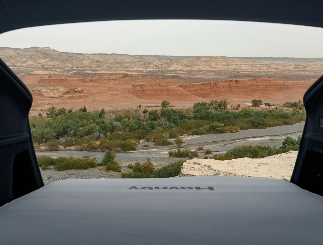 View out of a Tesla Model Y hatch to a red-rock canyon, over the edge of a Havnby FlatCore mattress