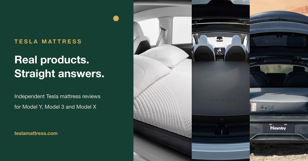 Tesla Model Y set up for camping with mattress visible through open trunk