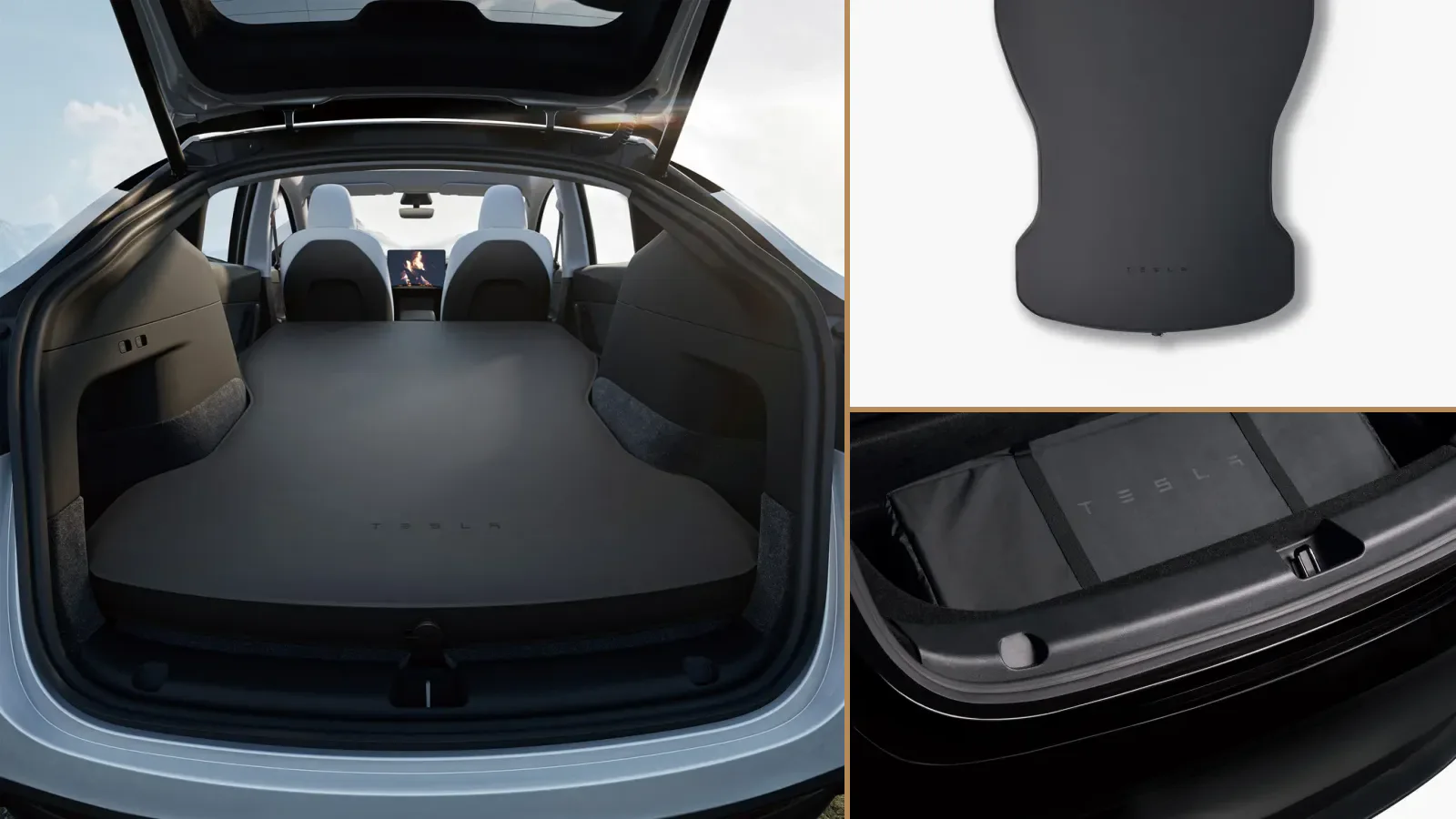 Official Tesla Model Y Air Mattress shown installed, unpacked and stored