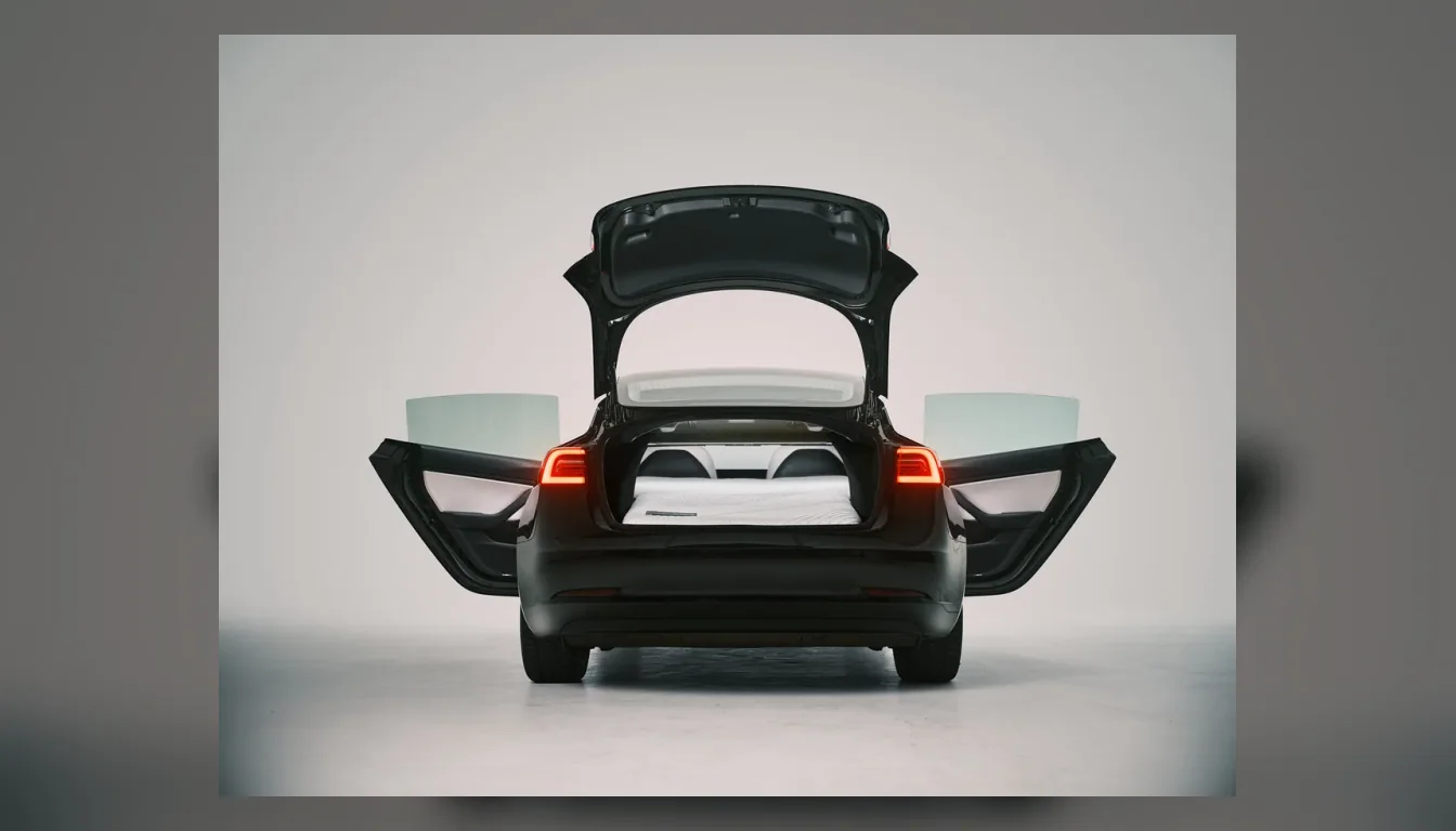 Snuuzu Tesla mattress shown with a Tesla Model 3