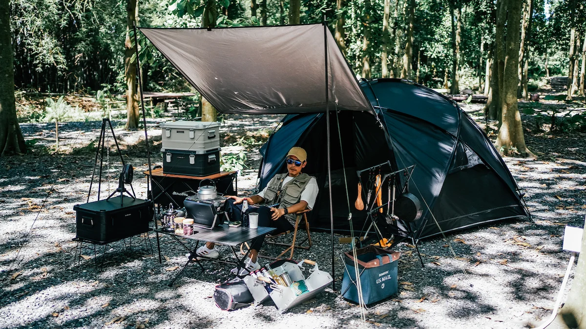 ROCKBROOK aluminum storage box organizing camping gear at a campsite