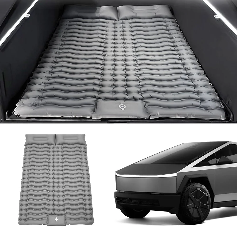 Grey T-Launch camping air mattress shown in a Tesla Cybertruck bed