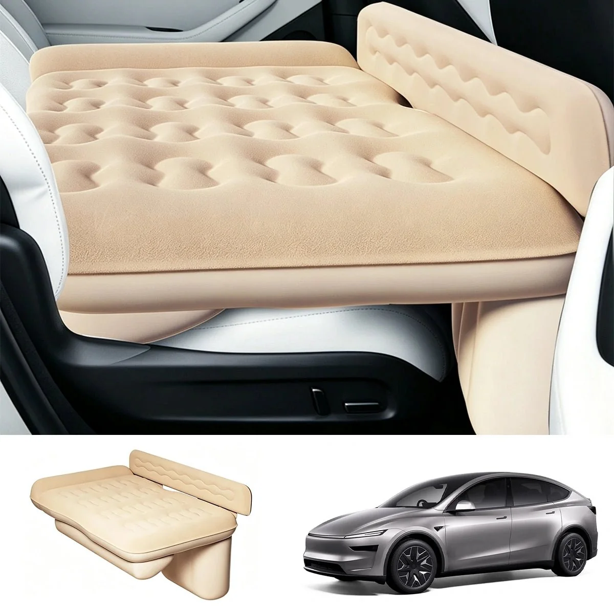 Beige T-Launch inflatable second-row mattress shown in a Tesla Model Y L