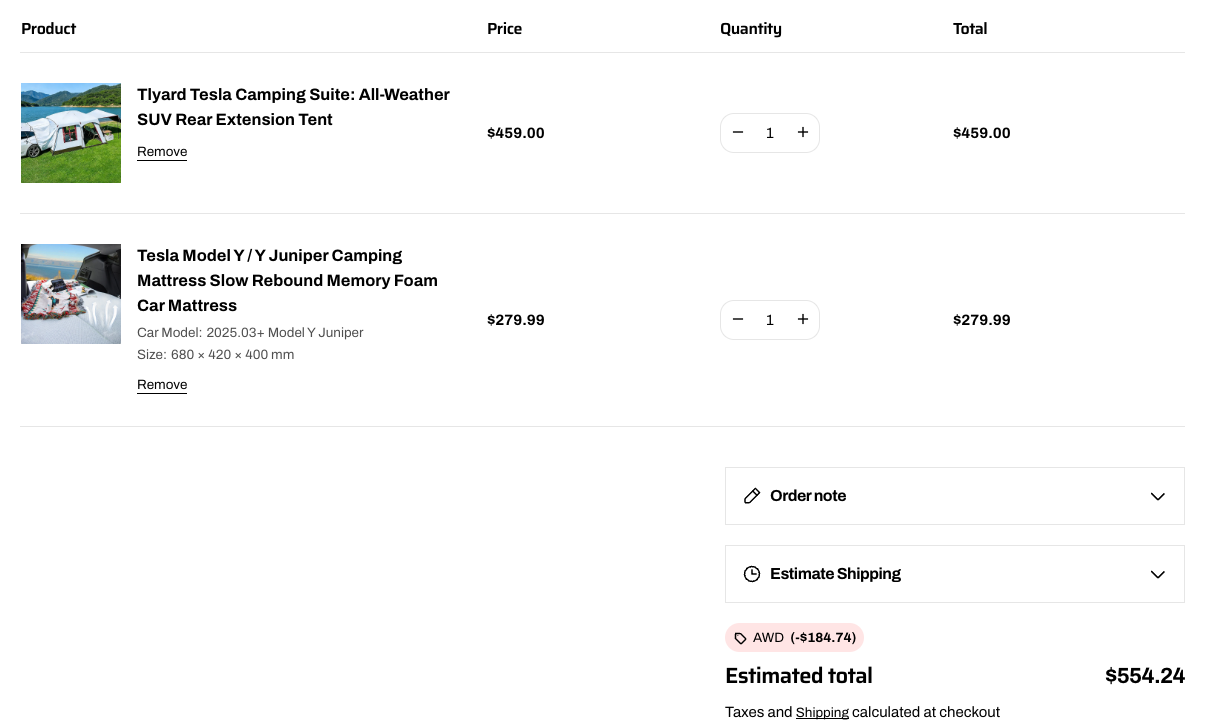 TLYARD US cart with the rear extension tent and the Model Y Juniper camping mattress. The AWD line shows minus $184.74.